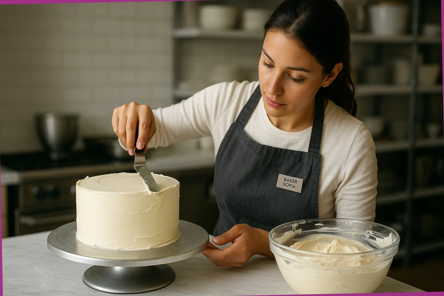 Baker Sofia smoothing buttercream on a round cake