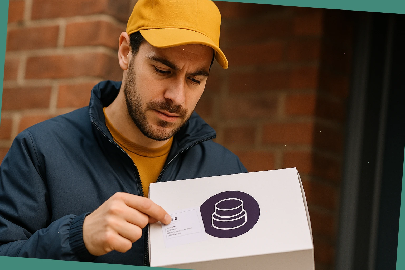 Courier Tom checking the address label on a cake box