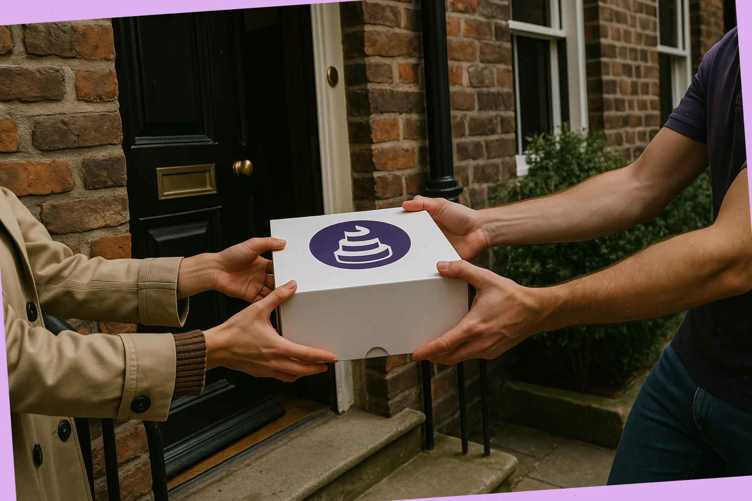 Wide shot of a labelled cake box being handed over at a townhouse step in Leeds